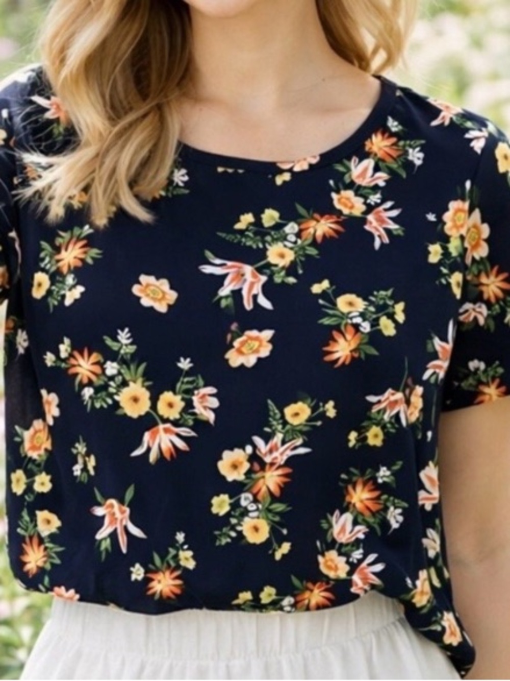 Ann Taylor Navy Floral Short-Sleeve Blouse with Orange & Yellow Flowers